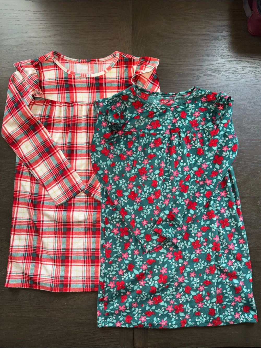 2 Cat & Jack Girl Long Sleeve Holiday Pajama Gowns Red Plaid & Green Floral Sz8